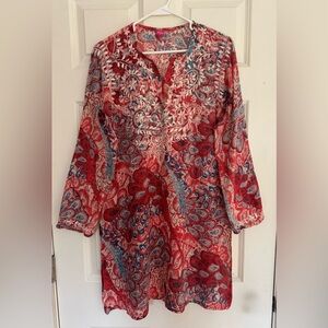 Raj 100% cotton red printed embroidered long sleeve light tunic top women’s M